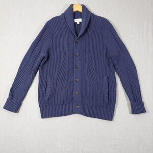 Mens Chunky Knit Navy Cardigan L Shawl Collar Sweater Preppy Old Money Grandpa